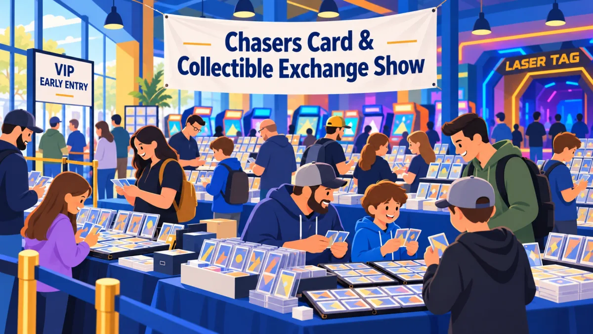 Families and collectors browse trading card displays beneath a Chasers Card & Collectible Exchange Show banner, with arcade cabinets and a glowing laser tag entrance in the background.