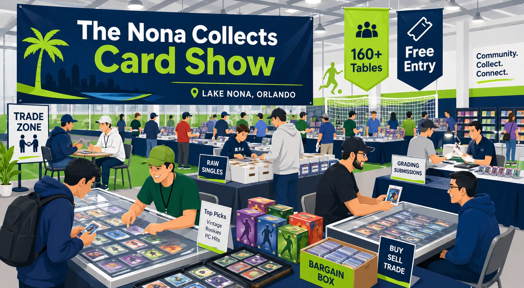 The Nona Collects Card Show in Lake Nona, Orlando: 160+ tables of trading cards, a Trade Zone, raw singles, grading submissions, and free entry.