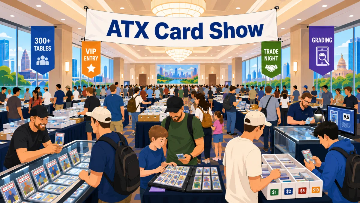 ATX Card Show in Austin, Texas, with collectors browsing graded slab display cases, card binders, and dollar bins inside a packed hotel ballroom.
