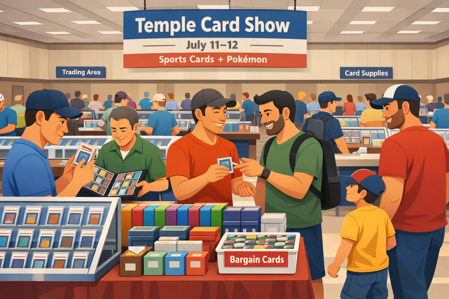 Temple Card Show July 2026 hero illustration showing a busy convention center in Temple, Texas with vendor tables, sports card displays, Pokemon binders, bargain boxes, and collectors browsing the show floor.
