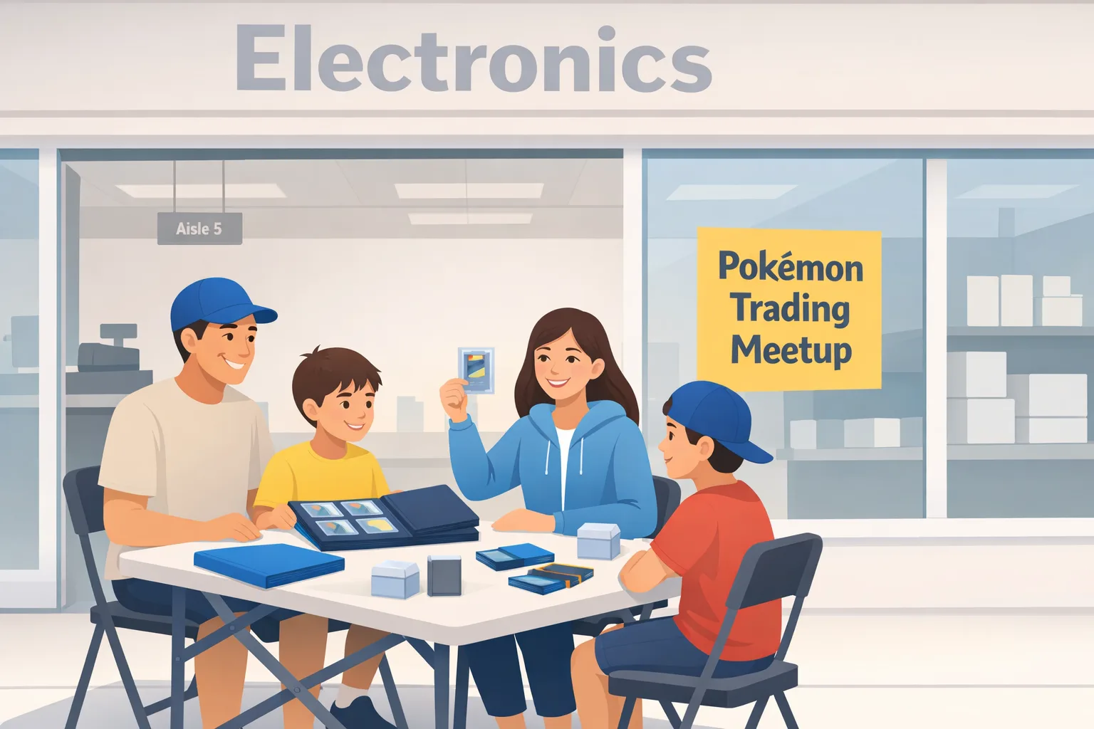Flat vector illustration of a family-friendly trading card meetup outside a generic electronics store, with four collectors seated around a folding table trading cards from binders beneath a window sign that reads “Pokémon Trading Meetup.”.