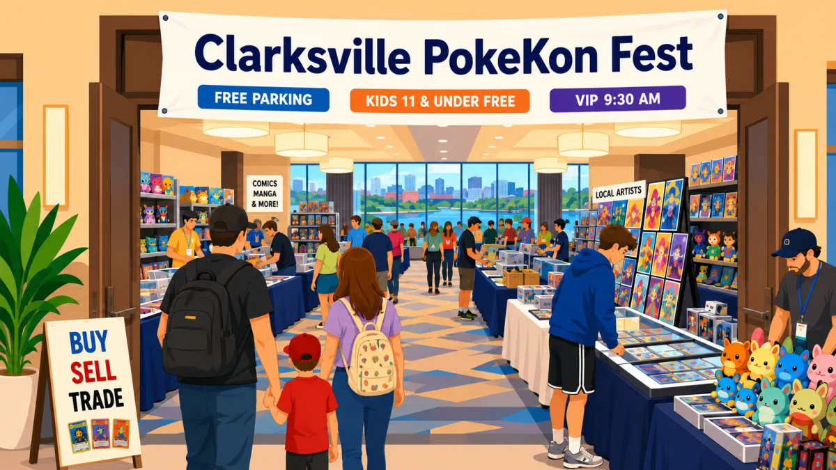 Clarksville PokeKon Fest vendor hall with rows of trading card tables, colorful plush toys, and local artist prints as families browse to buy and sell.