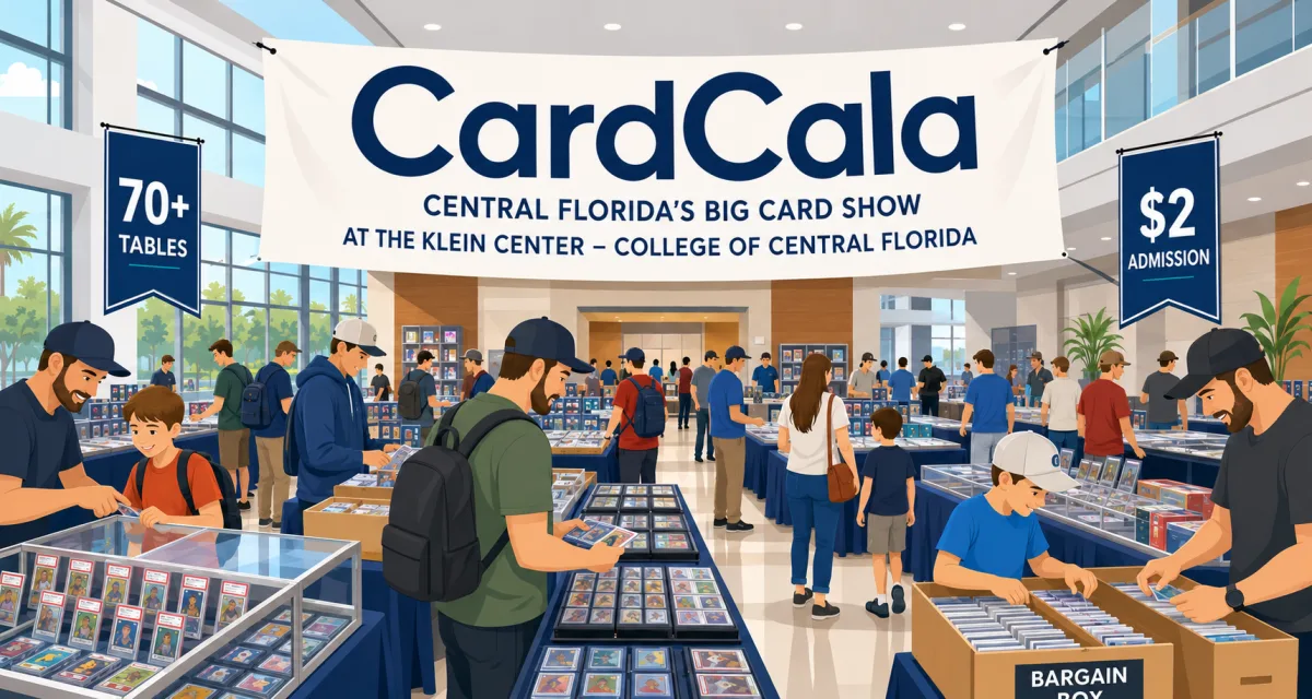 CardCala card show at the Klein Center, College of Central Florida in Ocala, with 70+ vendor tables, graded card display cases and bargain box bins.