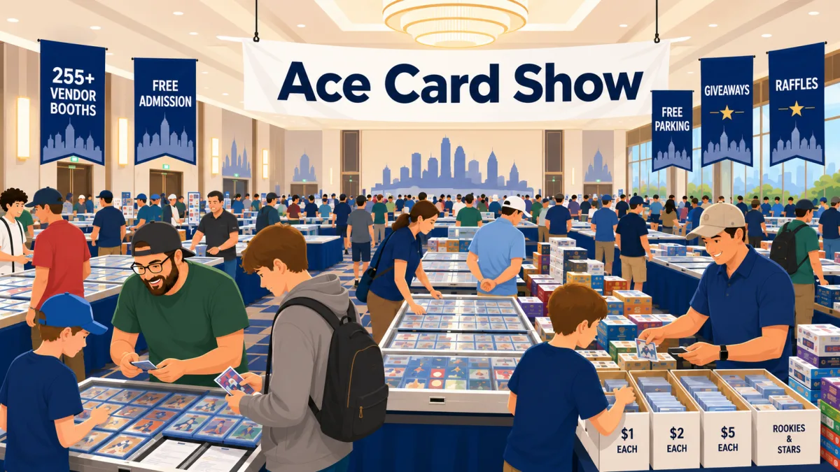 Ace Card Show at Hilton Houston North in Houston, Texas, a ballroom with 255+ vendor booths, trading card display cases, and dollar card bins