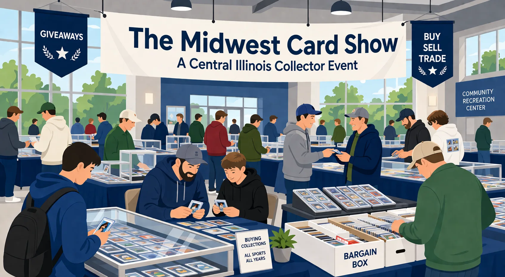 Midwest Card Show at a Central Illinois community recreation center, collectors examining glass display cases, bargain boxes, and buy/sell/trade tables.