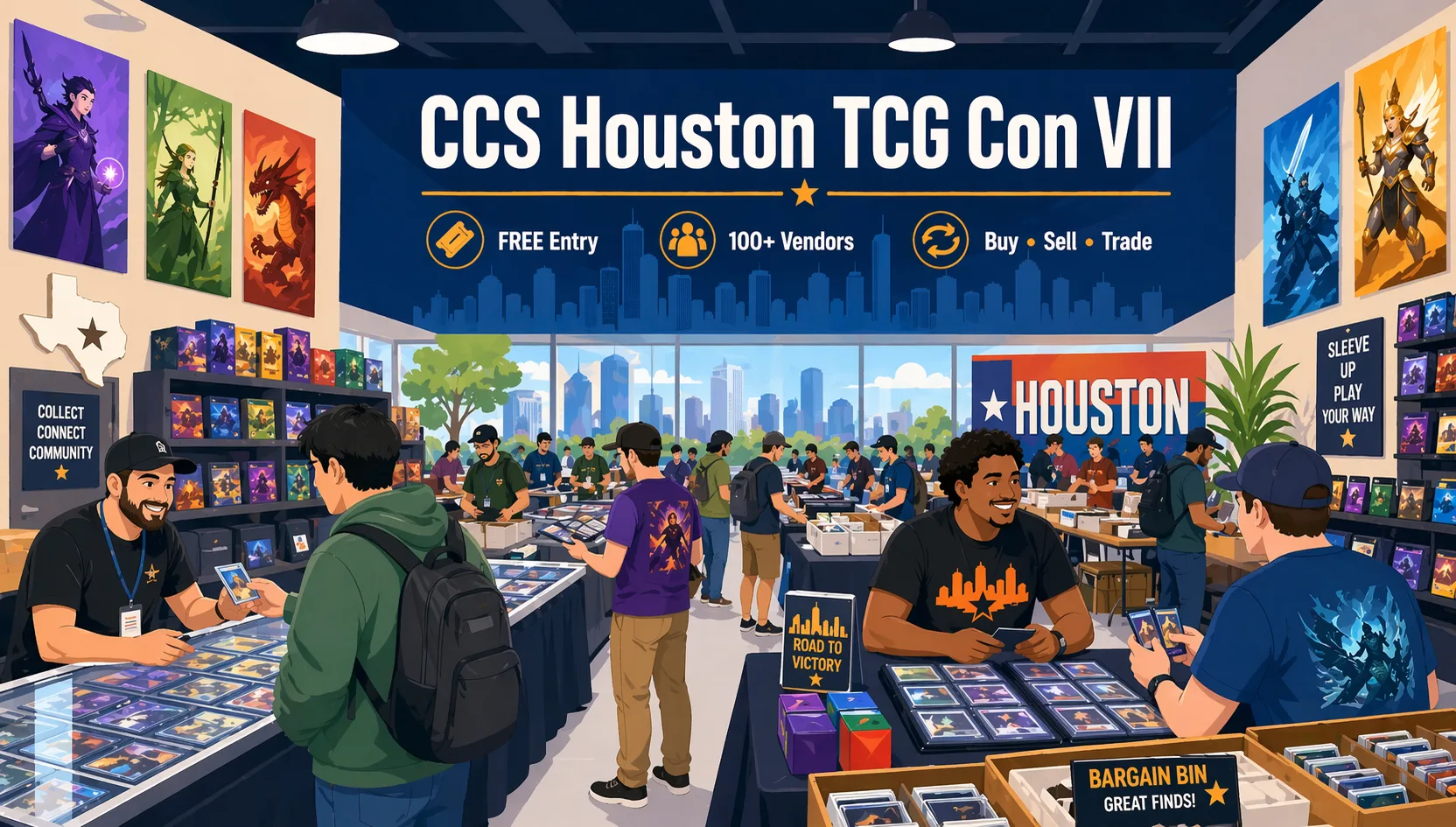 Illustrated show floor for CCS Houston TCG Con VII in Houston, Texas, featuring a busy storefront-style TCG venue with vendor tables, display cases, binders, sealed product, and collectors browsing and trading.