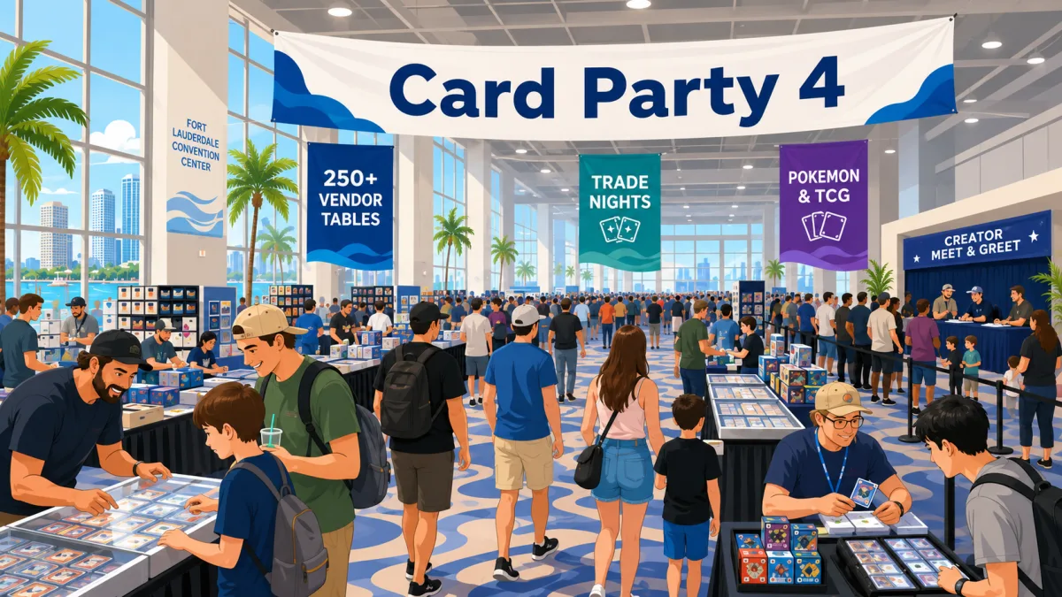 Card Party 4 at the Fort Lauderdale Convention Center, with 250+ vendor tables, a Pokemon and TCG section, and a creator meet and greet drawing collector crowds.