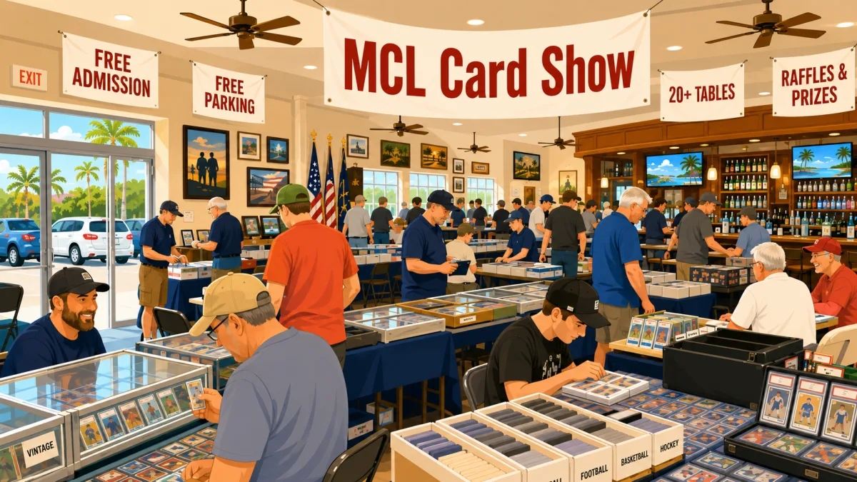 MCL Card Show inside a busy hall, collectors browsing graded card slabs in glass cases and sorted vintage, football, and hockey boxes