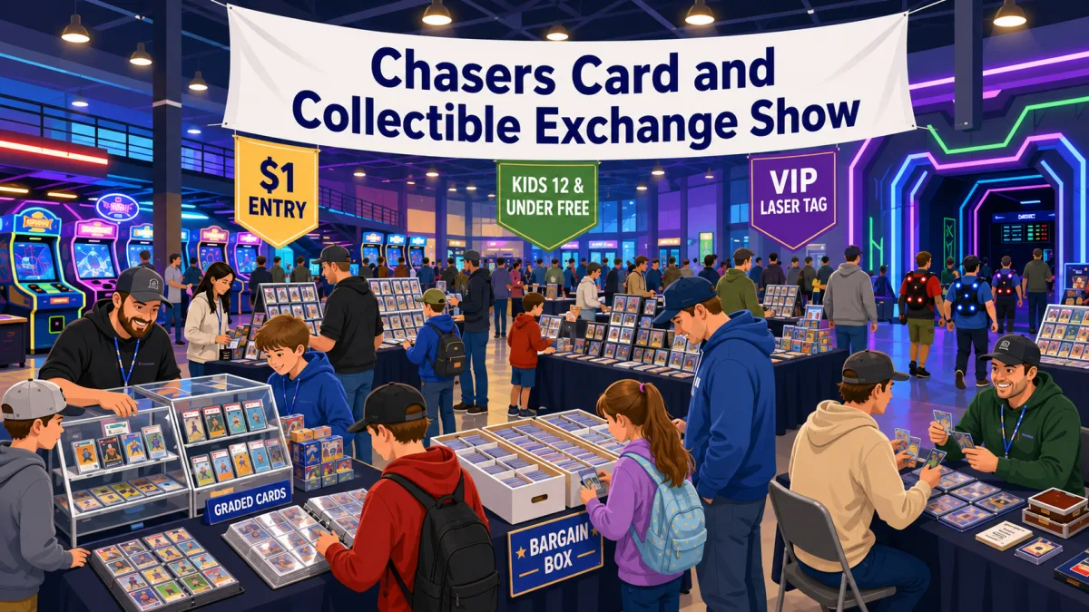 Chasers Card and Collectible Exchange Show with graded card display cases, bargain box bins, and vendors trading sports cards in a neon arcade venue
