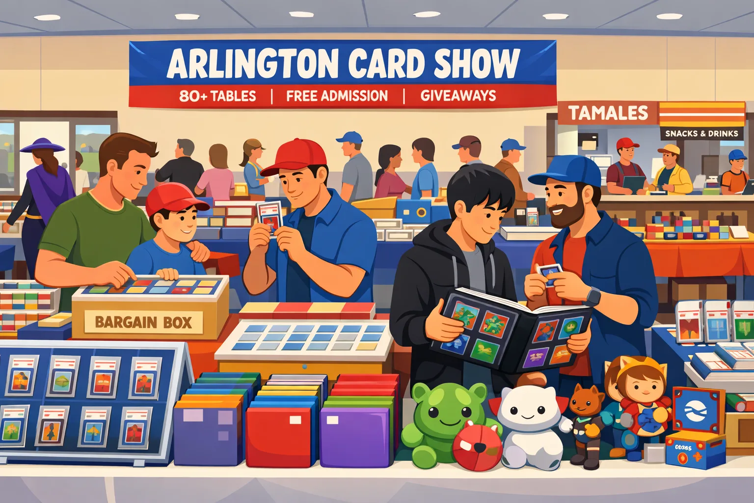Arlington Card Show April 2026 hero illustration of families and collectors browsing cards and collectibles at Meadowbrook Recreation Center in Arlington, Texas, with vendor tables, cosplay, and a back-right food stand serving food and drinks.