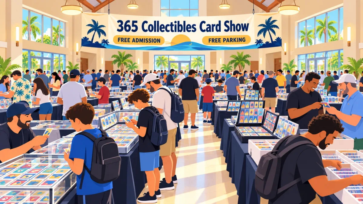 Collectors browse card displays and discuss trades inside a bright community hall beneath a 365 Collectibles Card Show banner. Smaller signs note free admission and free parking.