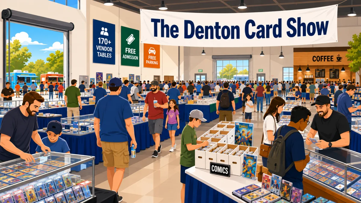 Illustration of collectors browsing card, comic, and collectible tables inside a North Texas event hall beneath a The Denton Card Show banner.