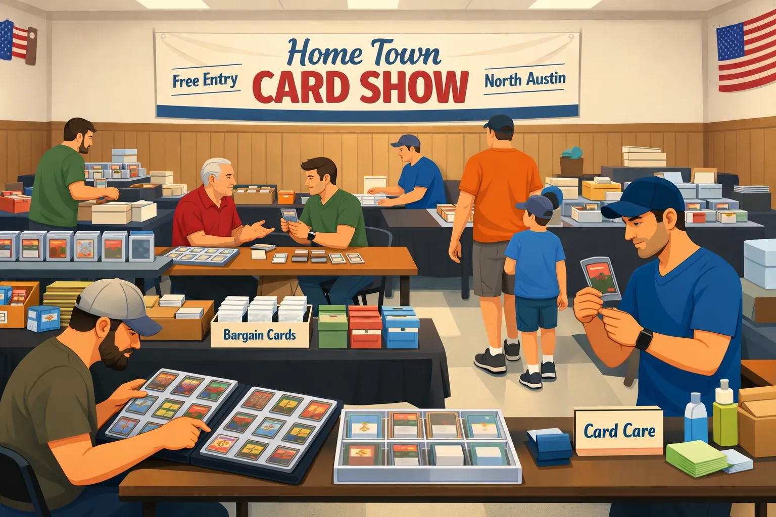 Home Town Card Show hero illustration in North Austin, Texas showing collectors browsing vendor tables, binders, display cases, and bargain boxes inside a VFW hall during the free April 2026 card show.