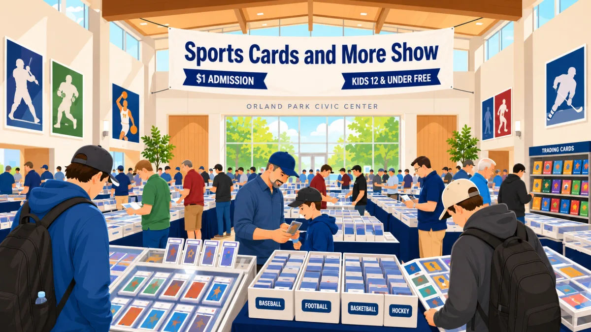 Illustrated Sports Cards and More Show inside the Orland Park Civic Center, with collectors browsing card tables beneath event and admission banners.