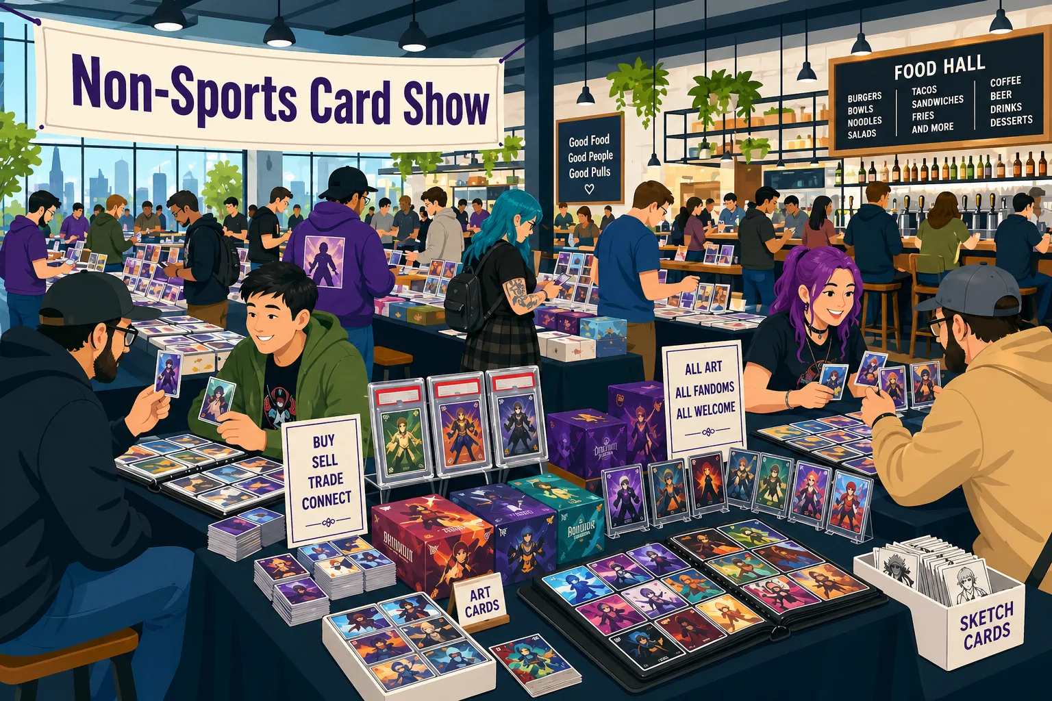 Non-Sports Card Show inside a food hall venue, vendors displaying anime art cards, graded slabs, and sketch boxes as collectors browse and trade.