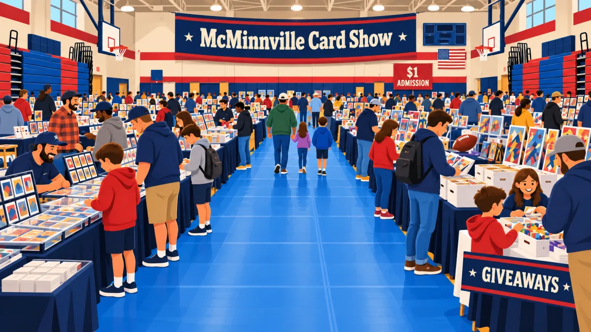 Collectors and families browse cards and collectibles at vendor tables inside a school gym beneath a McMinnville Card Show banner. A wide blue aisle separates the displays, with admission and giveaway signs nearby.