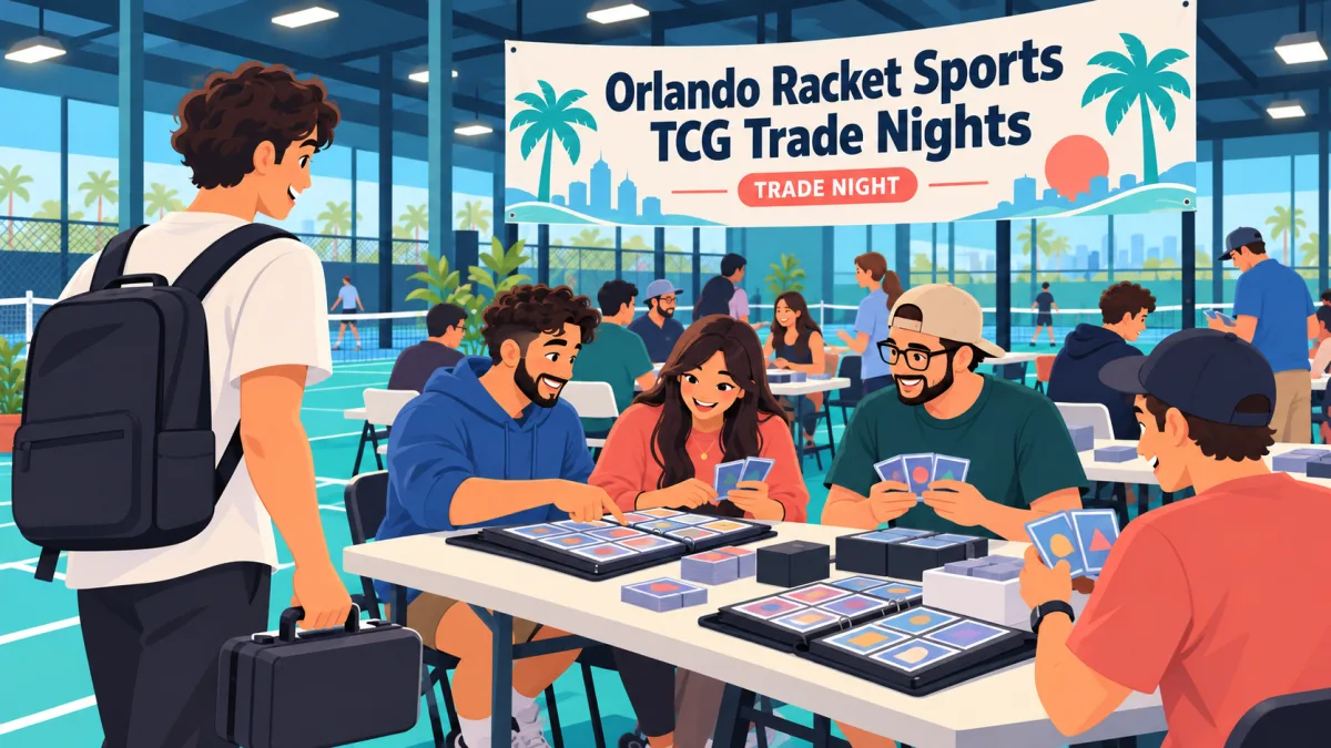 Collectors compare cards and open binders at tables inside a teal indoor sports facility. A banner above the gathering reads Orlando Racket Sports TCG Trade Nights.