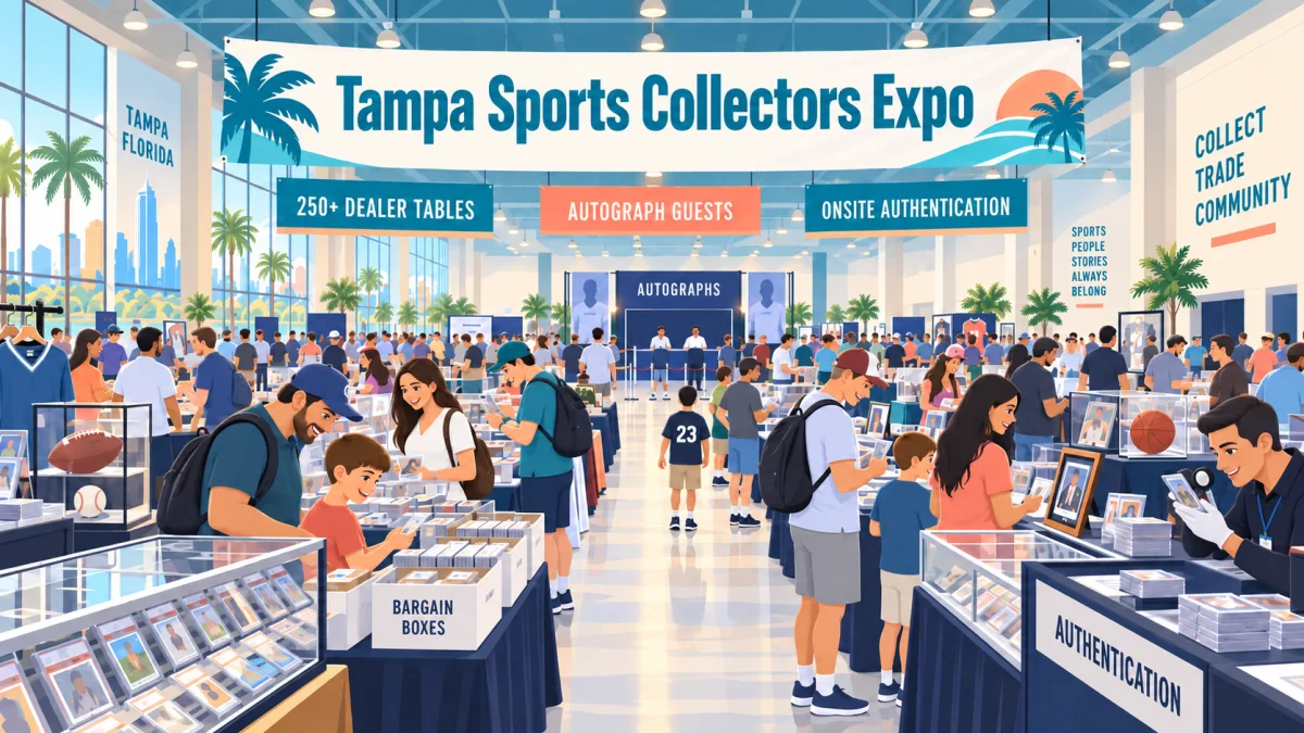 Illustration of collectors browsing card and memorabilia tables inside a Tampa fairgrounds hall beneath a Tampa Sports Collectors Expo banner.