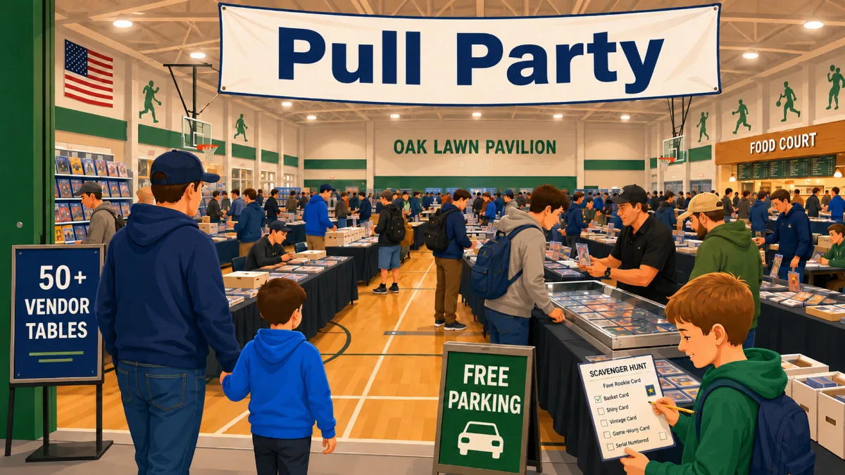 Collectors and families browse vendor tables inside Oak Lawn Pavilion beneath a Pull Party banner.