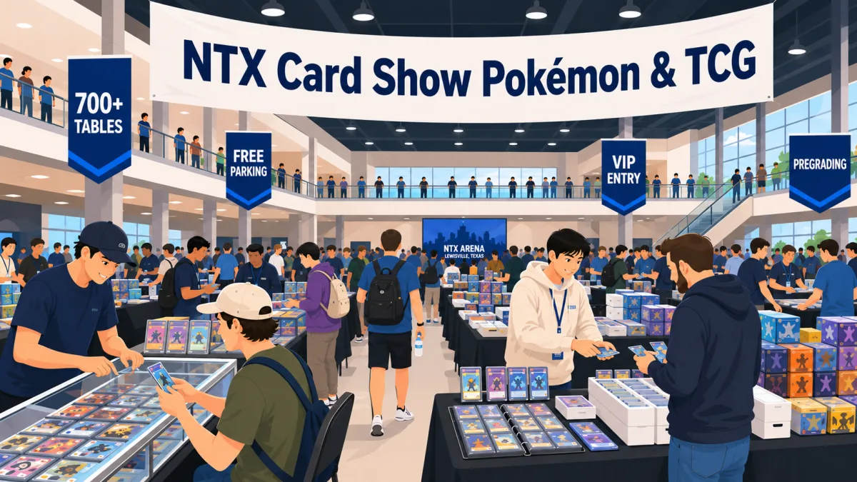 NTX Card Show Pokemon and TCG at NTX Arena, Lewisville, Texas, with a packed two-level hall, vendor tables of graded slabs, and glass display cases.