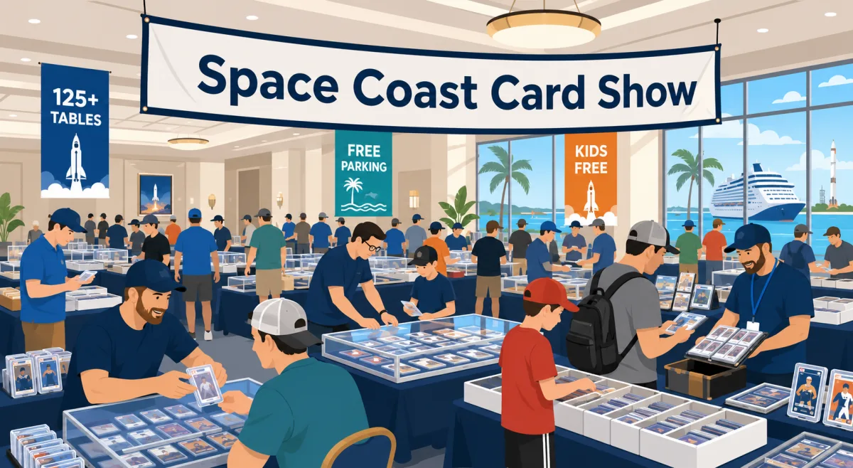 Space Coast Card Show floor with 125+ vendor tables, collectors browsing graded cards in display cases, and a coastal window view of palm trees and a cruise ship.