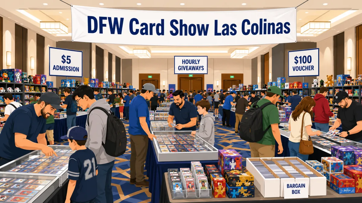 DFW Card Show Las Colinas fills a hotel ballroom in Irving, TX with packed trading card display cases, bargain boxes, and shelves of sealed collectibles.