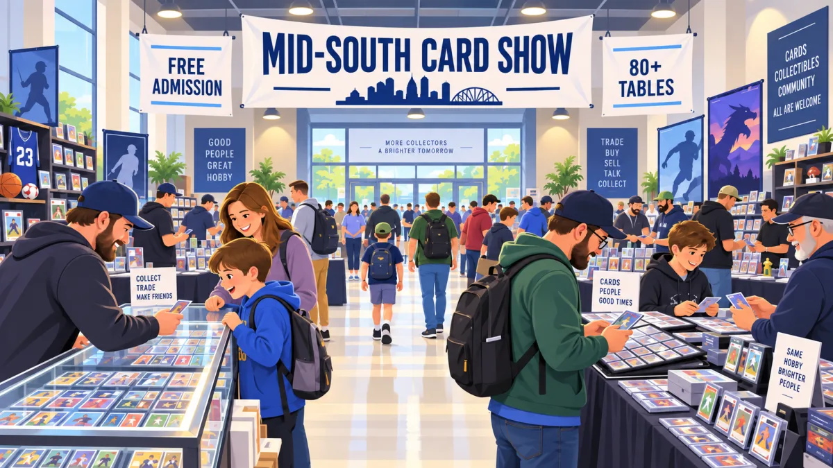Illustration of families and collectors browsing vendor tables beneath a Mid-South Card Show banner with free admission and 80+ tables callouts.