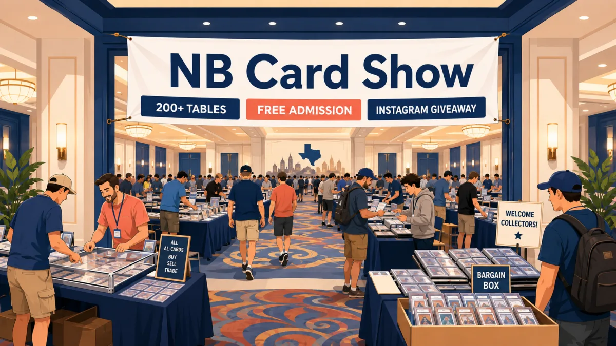 Illustration of collectors browsing card tables in a hotel ballroom beneath an NB Card Show banner with 200+ tables and free admission callouts.
