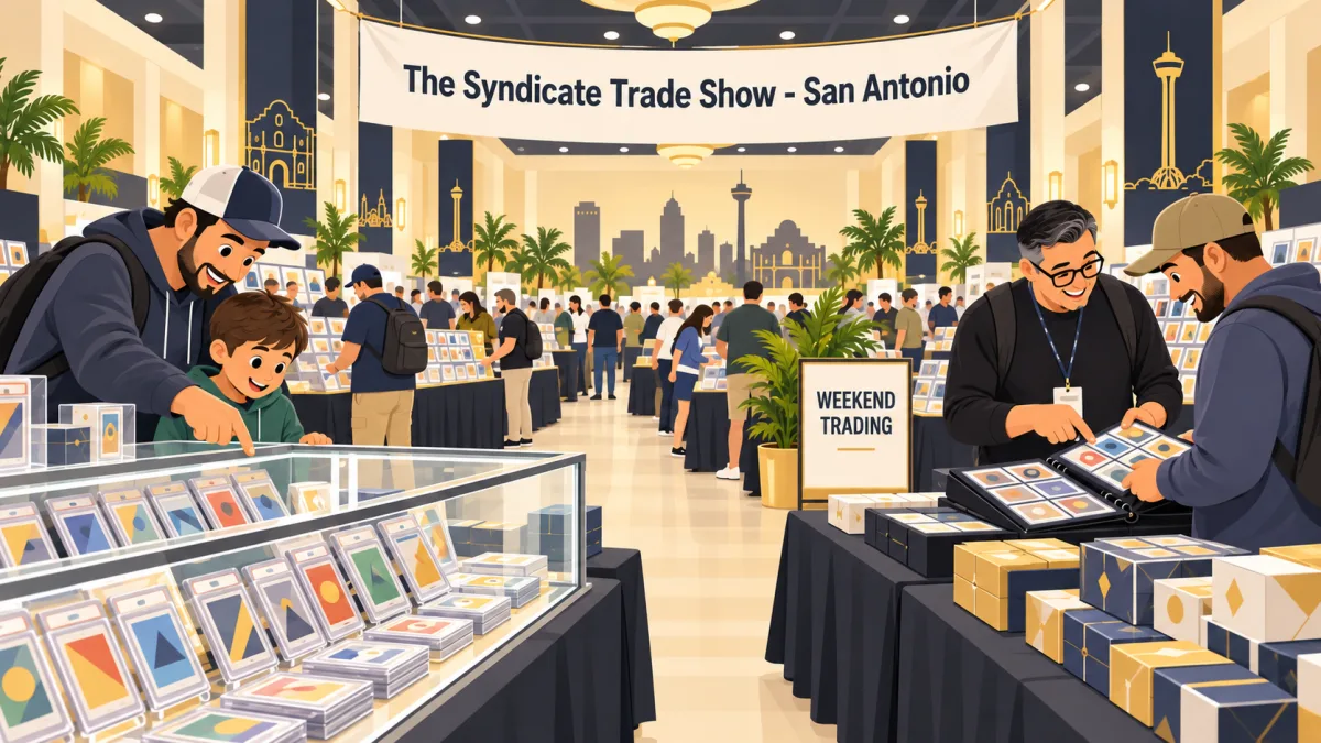 Collectors browse card displays and compare open binders inside an auditorium beneath a banner reading The Syndicate Trade Show - San Antonio. A parent and child look into a display case beside the vendor aisle.