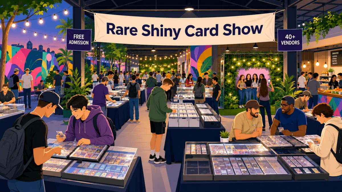 Illustration of collectors browsing vendor tables beneath a Rare Shiny Card Show banner at a stylish Wynwood venue.