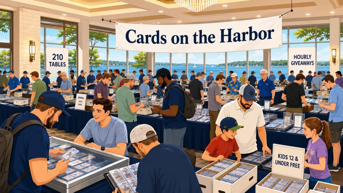 Illustrated lakefront hotel ballroom filled with collectors browsing card tables beneath a Cards on the Harbor banner with 210 Tables, Hourly Giveaways, and Kids 12 & Under Free callouts.