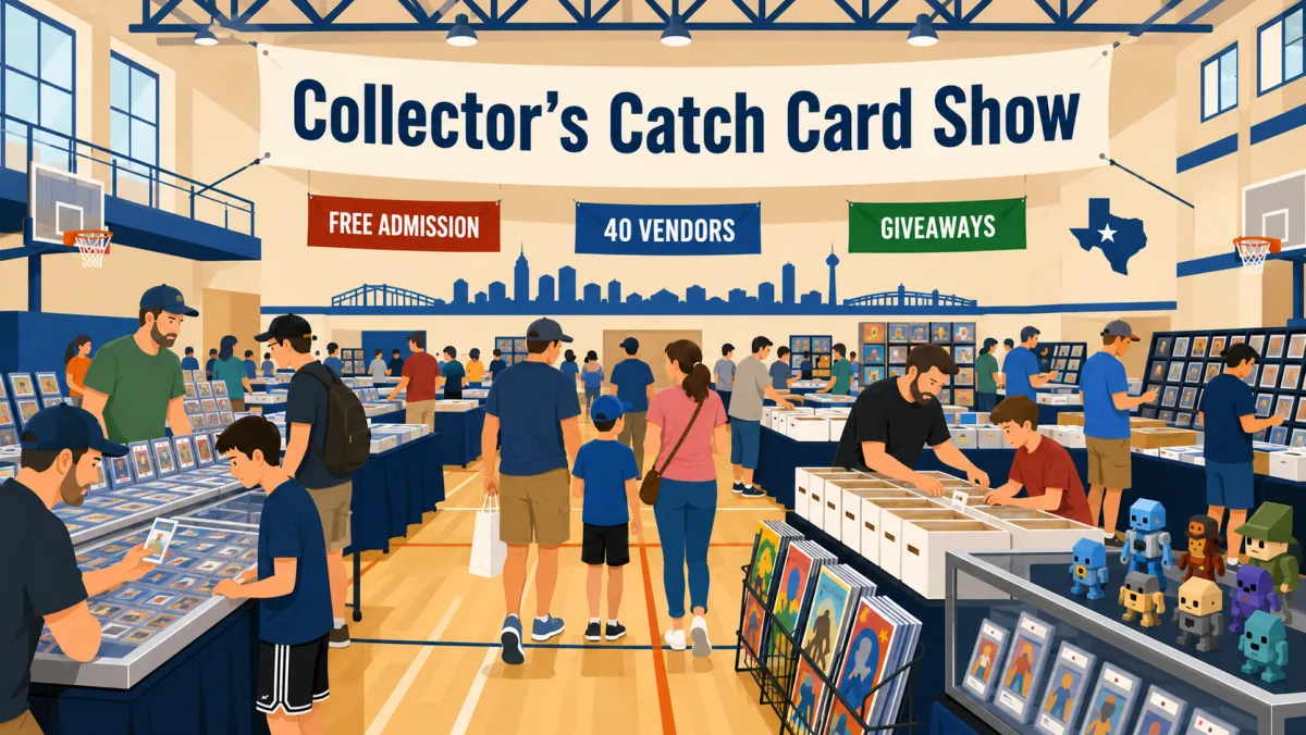 Collector's Catch Card Show in a Texas gymnasium with vendor tables, graded card display cases, and families browsing under a 40 Vendors banner