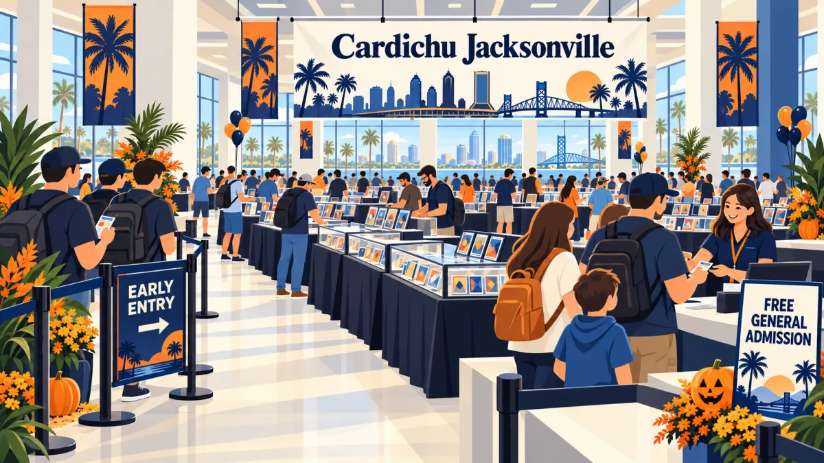 Collectors arrive beneath a Cardichu Jacksonville banner in a bright event hall filled with trading-card tables and display cases. Orange and blue accents frame a family checking in beside a free general admission sign.
