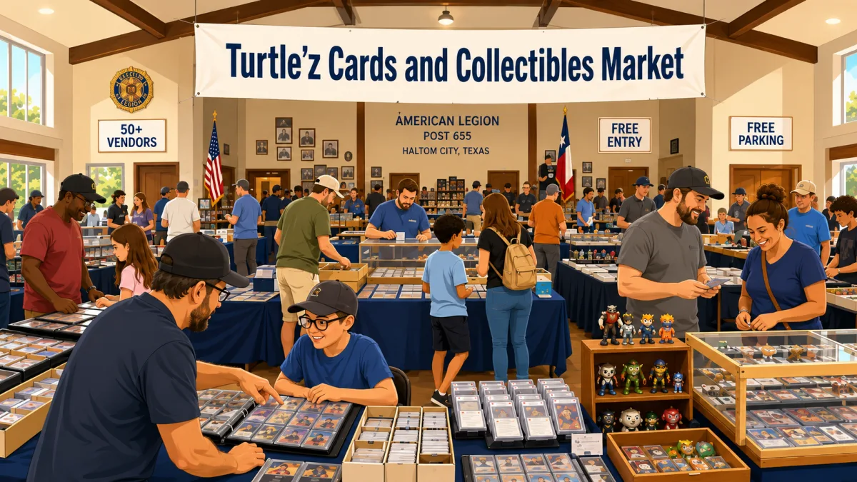 Illustration of collectors browsing vendor tables inside an American Legion event hall beneath a Turtle'z Cards and Collectibles Market banner.