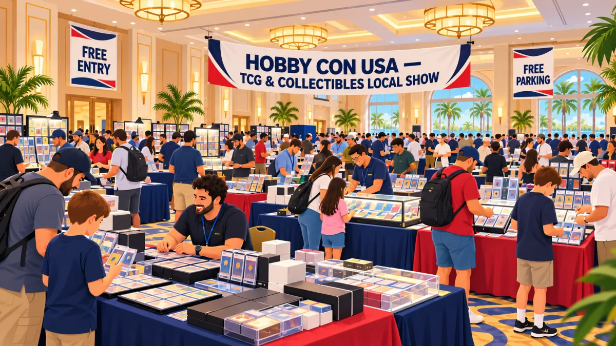 Illustration of families and collectors browsing card tables in a Coral Springs banquet hall beneath a Hobby Con USA event banner.