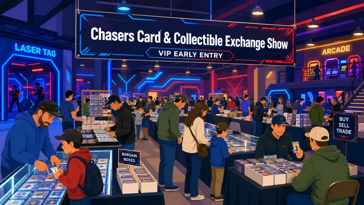 Collectors browse card displays and binders inside an arcade-style venue beneath a Chasers Card & Collectible Exchange Show banner.