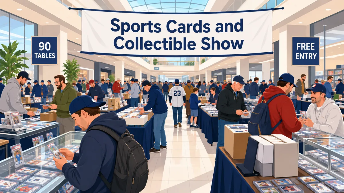 Sports Cards and Collectible Show at Cross County Mall in Mattoon, IL, with 90 vendor tables, graded card slabs in glass cases, and a packed crowd