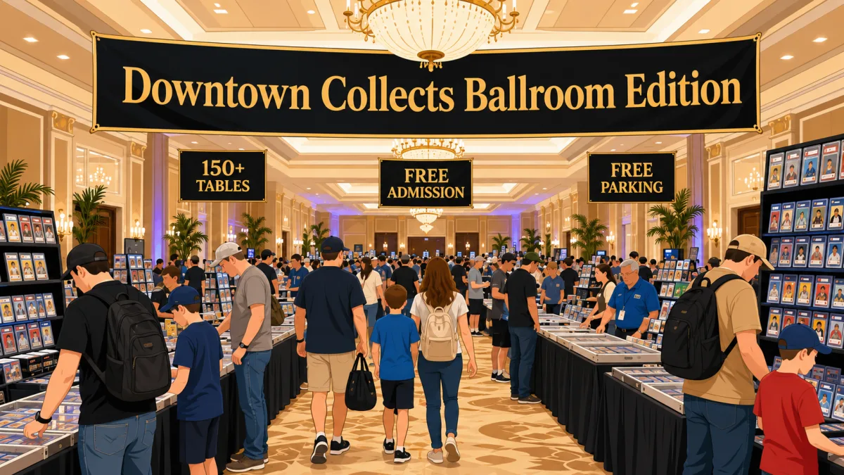 Downtown Collects Ballroom Edition card show in a chandelier-lit hotel ballroom, with crowds browsing 150-plus tables of graded sports card displays.