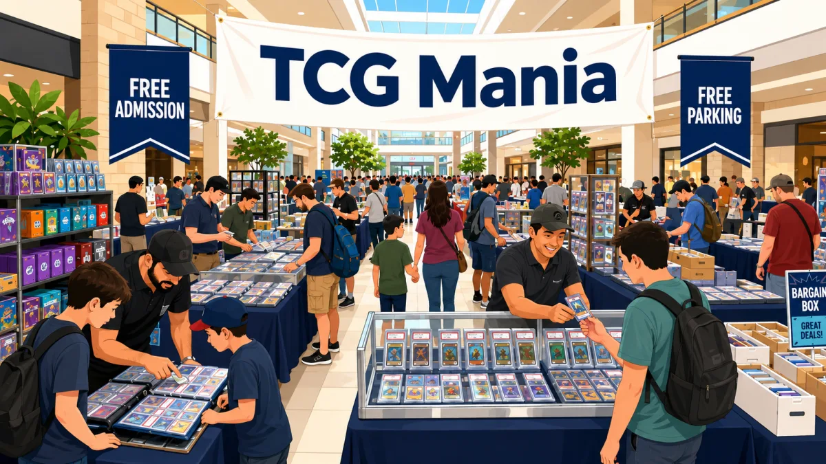 TCG Mania trading card show in a busy mall atrium, with graded card display cases, bargain box bins, and vendors selling to browsing collectors.