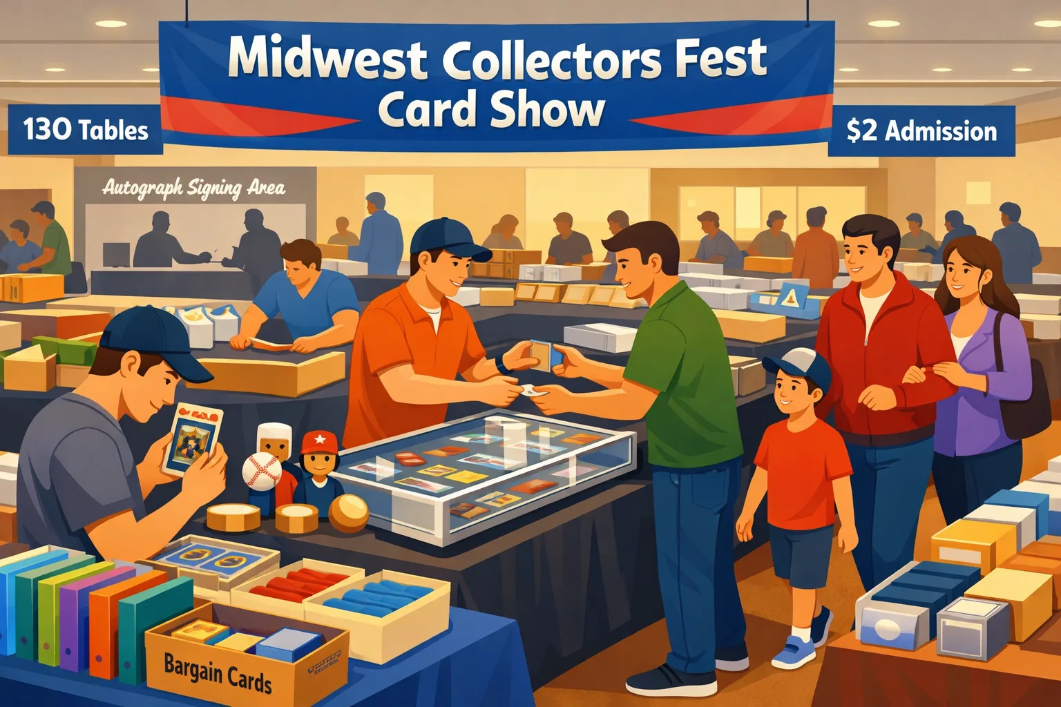 Hero illustration of the Midwest Collectors Fest Card Show in Countryside, Illinois, showing a busy banquet hall with vendor tables, display cases, slabs, Pokémon binders, memorabilia, and collectors browsing.