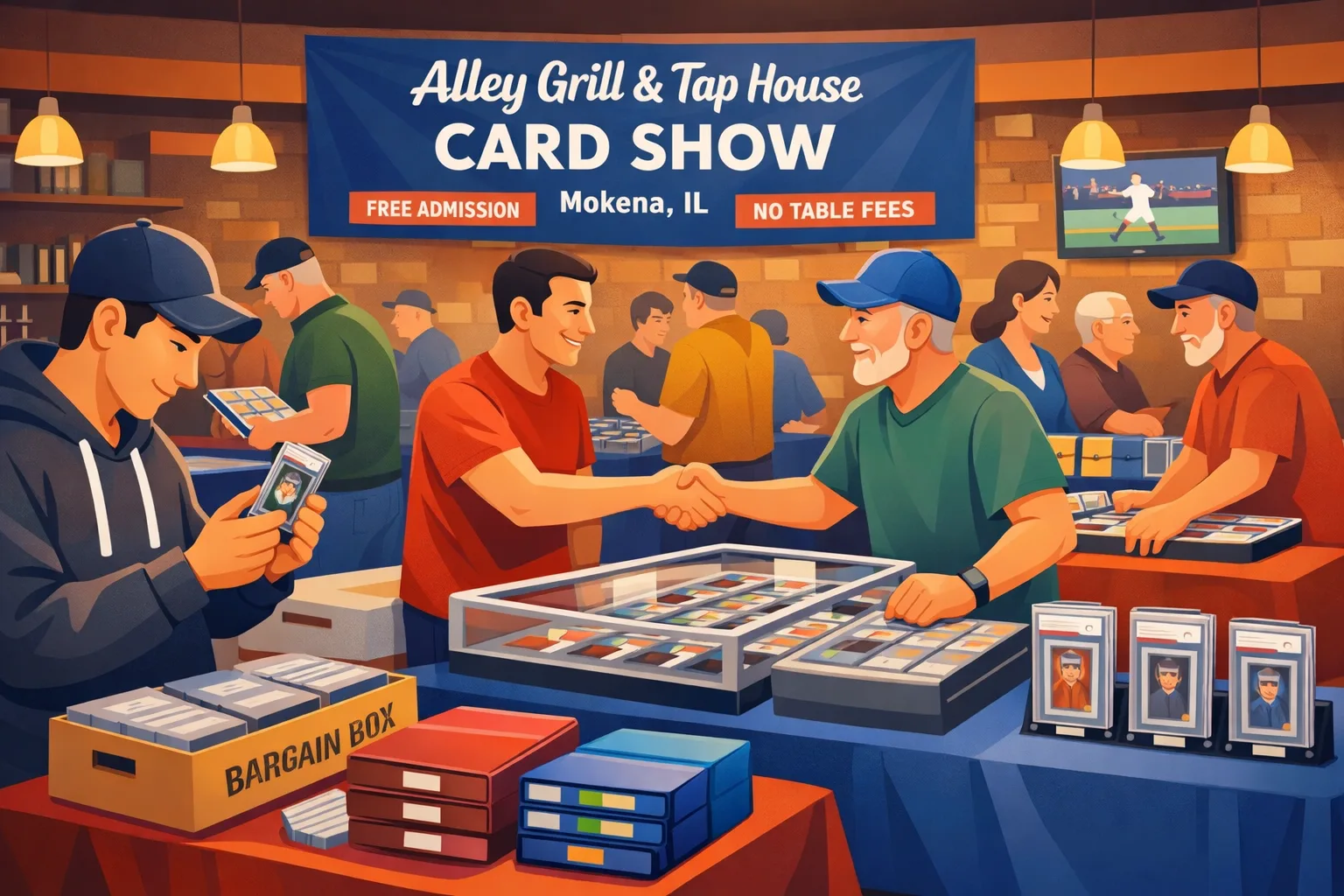 Illustration of collectors browsing vendor tables and display cases at the Alley Grill & Tap House Card Show in Mokena, Illinois, with sports cards, TCG binders, graded slabs, and free-admission signage.