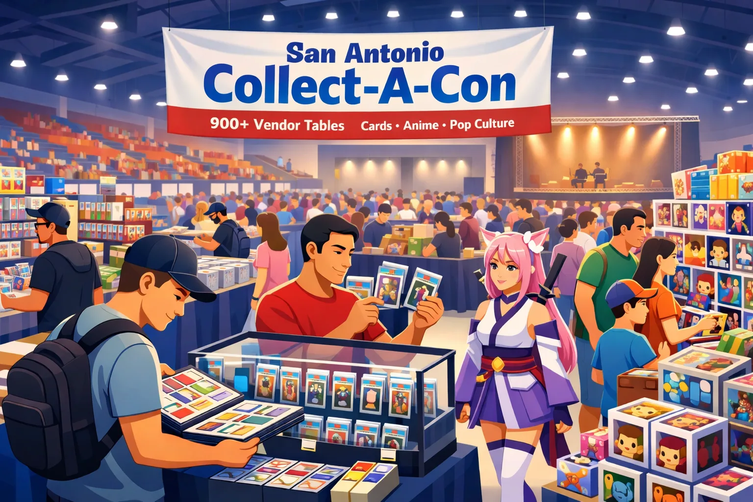 San Antonio Collect-A-Con August 2026 convention at Freeman Coliseum and Expo Center with vendor tables, trading cards, anime merch, collectibles, and a busy crowd browsing the show floor.