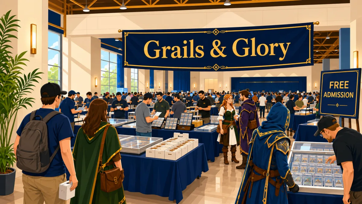 Illustrated view inside Grails & Glory with collectors browsing card tables beneath a Free Admission banner.