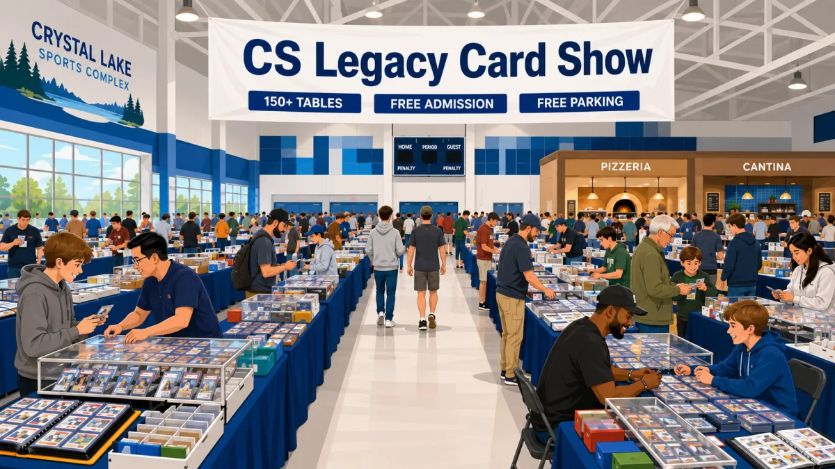 Collectors browse rows of card tables inside a Crystal Lake sports complex beneath a CS Legacy Card Show banner with 150+ tables, free admission, and free parking callouts.