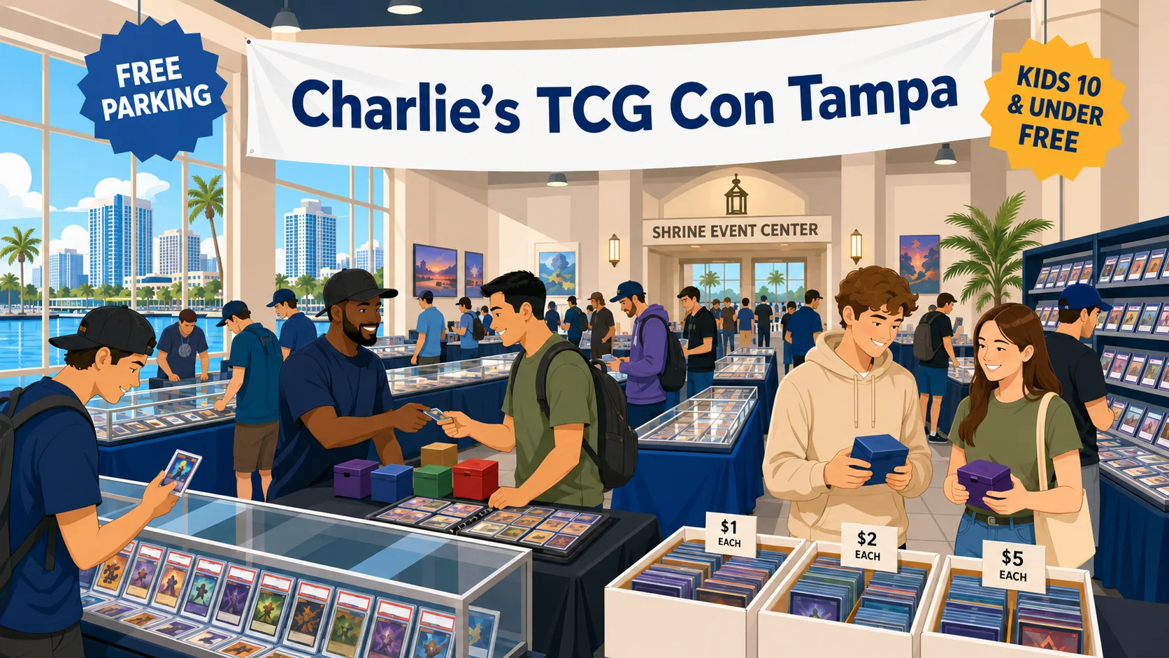 Charlie's TCG Con Tampa at Shrine Event Center, with attendees browsing glass display cases of graded cards, $1–$5 bulk card boxes, and deck boxes.