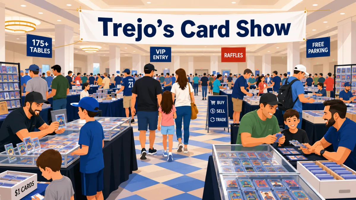 Trejo's Card Show filling a busy hotel ballroom with 175+ vendor tables, families browsing graded card slabs, and buy sell trade and raffle signage