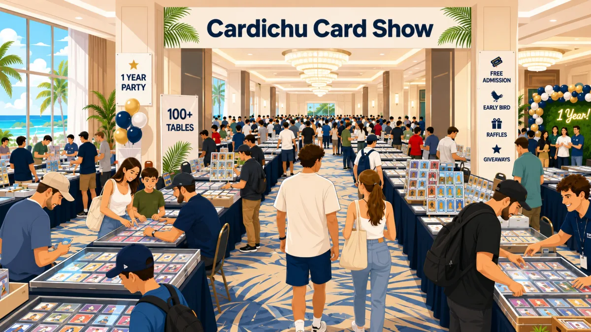Illustration of collectors and families browsing a large anniversary card show in a bright South Florida hotel ballroom beneath a Cardichu Card Show banner.
