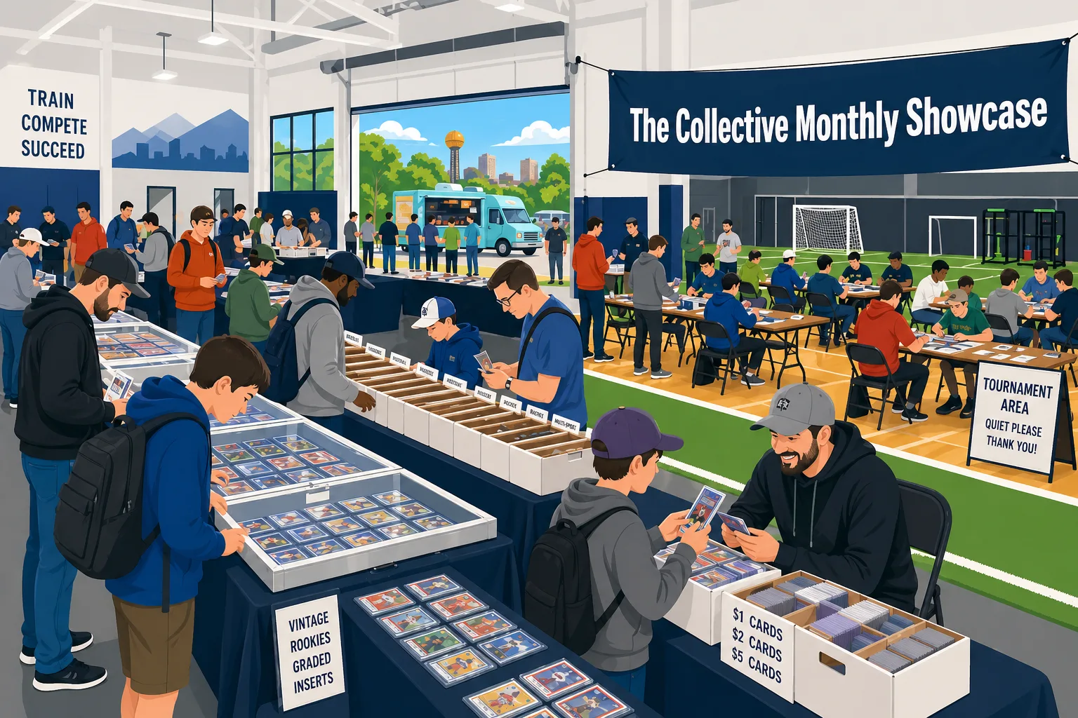The Collective Monthly Showcase at an indoor turf facility in Knoxville, TN, with graded card display cases, vintage rookie bins, and a tournament area.
