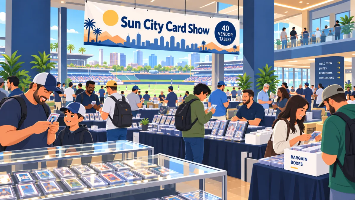 Illustration of collectors browsing card-vendor tables in a baseball stadium hospitality area, with the field in the background and a Sun City Card Show banner overhead.