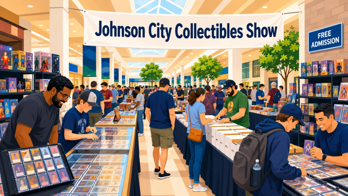 Illustrated indoor mall collectibles show with shoppers browsing card tables beneath a Johnson City Collectibles Show banner and a Free Admission sign.
